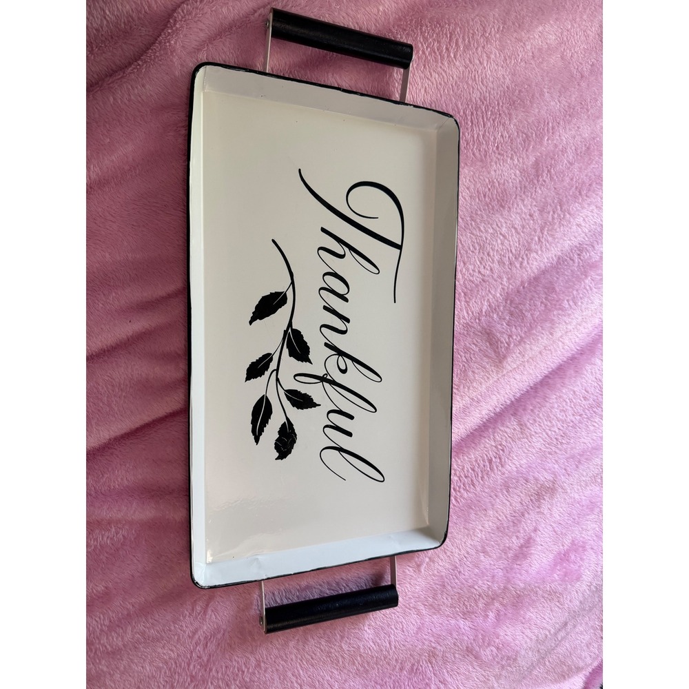 Thankful Decorative Metal Tray White Enamel Style Black Handles Farmhouse Decor